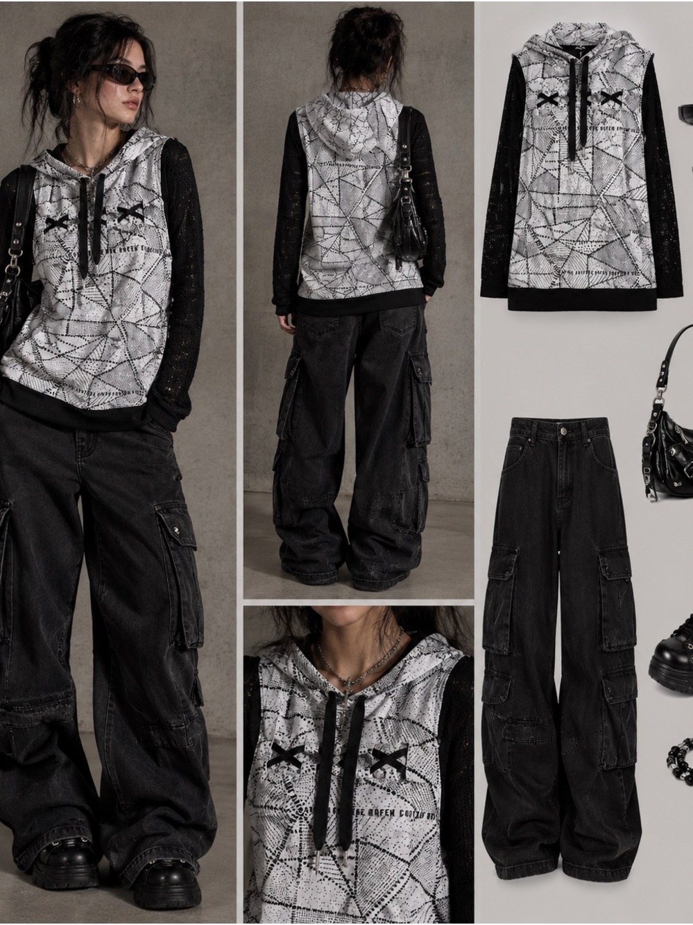 Black & White Geometric Goth Hooded Pullover